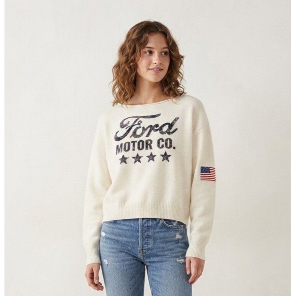 Womens Ford Motor Co Sweater Large Cream Graphic American Flag Cozy Soft